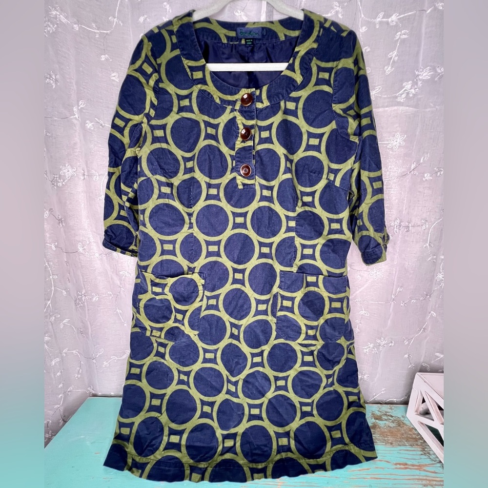 Boden Corduroy Print Dress Blue Navy & Green 3/4 Sleeve Sheath US  size 12